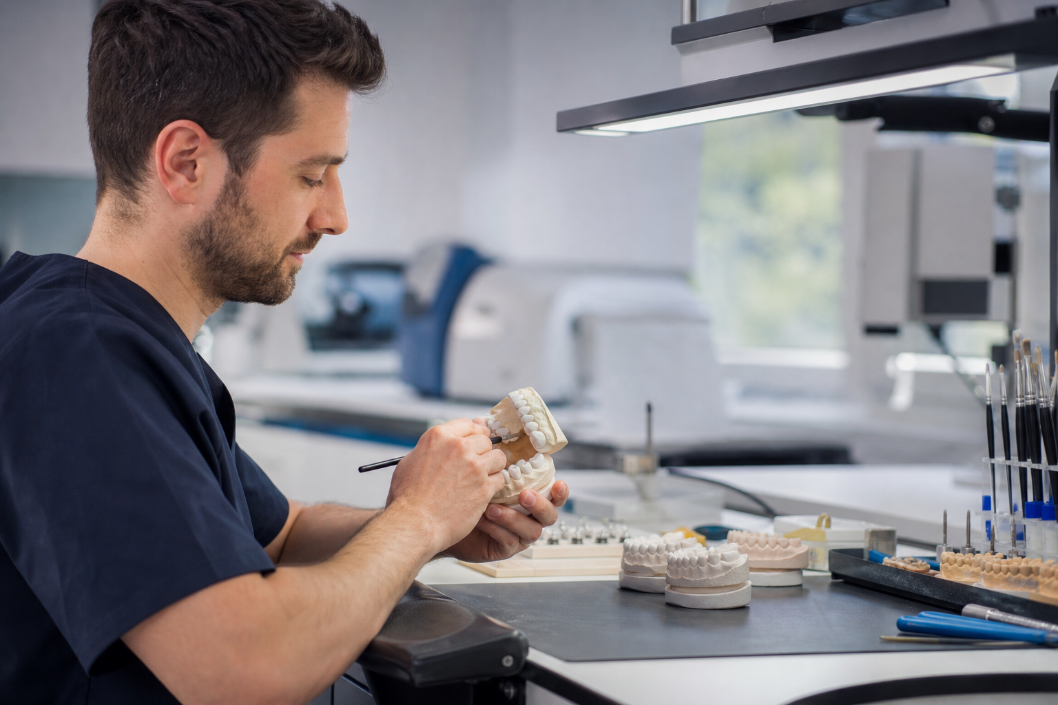 Dentaltechniker im modernen Dentallabor bei der Arbeit